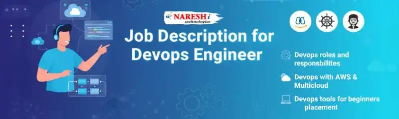 DevOps Engineer job description roles, skills, responsibilities, and AWS multicloud tools — NareshIT banner.