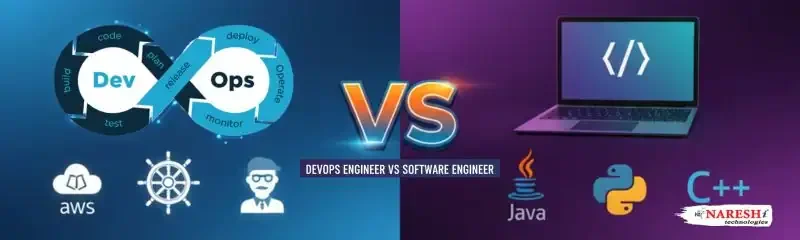 NareshIT comparison: DevOps Engineer vs Software Engineer. DevOps side with CI/CD infinity loop, AWS, Kubernetes; Software Engineer side with Java, Python, C++ laptop code editor.
