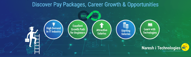 NareshIT banner: Discover Pay Packages, Career Growth & Opportunities” with DevOps infinity icon and five badges—High demand in IT, Growth path for beginners, Attractive salaries, Starting salaries, Learn with technologies.