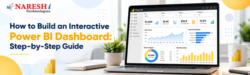 Naresh IT Technologies banner showing an interactive Power BI dashboard with sales charts, profit metrics, customer data, and product category analytics on a laptop.