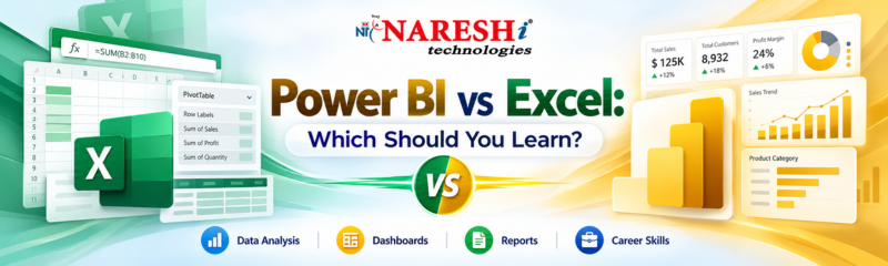 Power BI vs Excel – Which Should You Learn? A comparison graphic by Naresh i Technologies showing Microsoft Excel spreadsheets and Power BI dashboards, highlighting the differences between spreadsheet-based data analysis and interactive business intelligence dashboards.